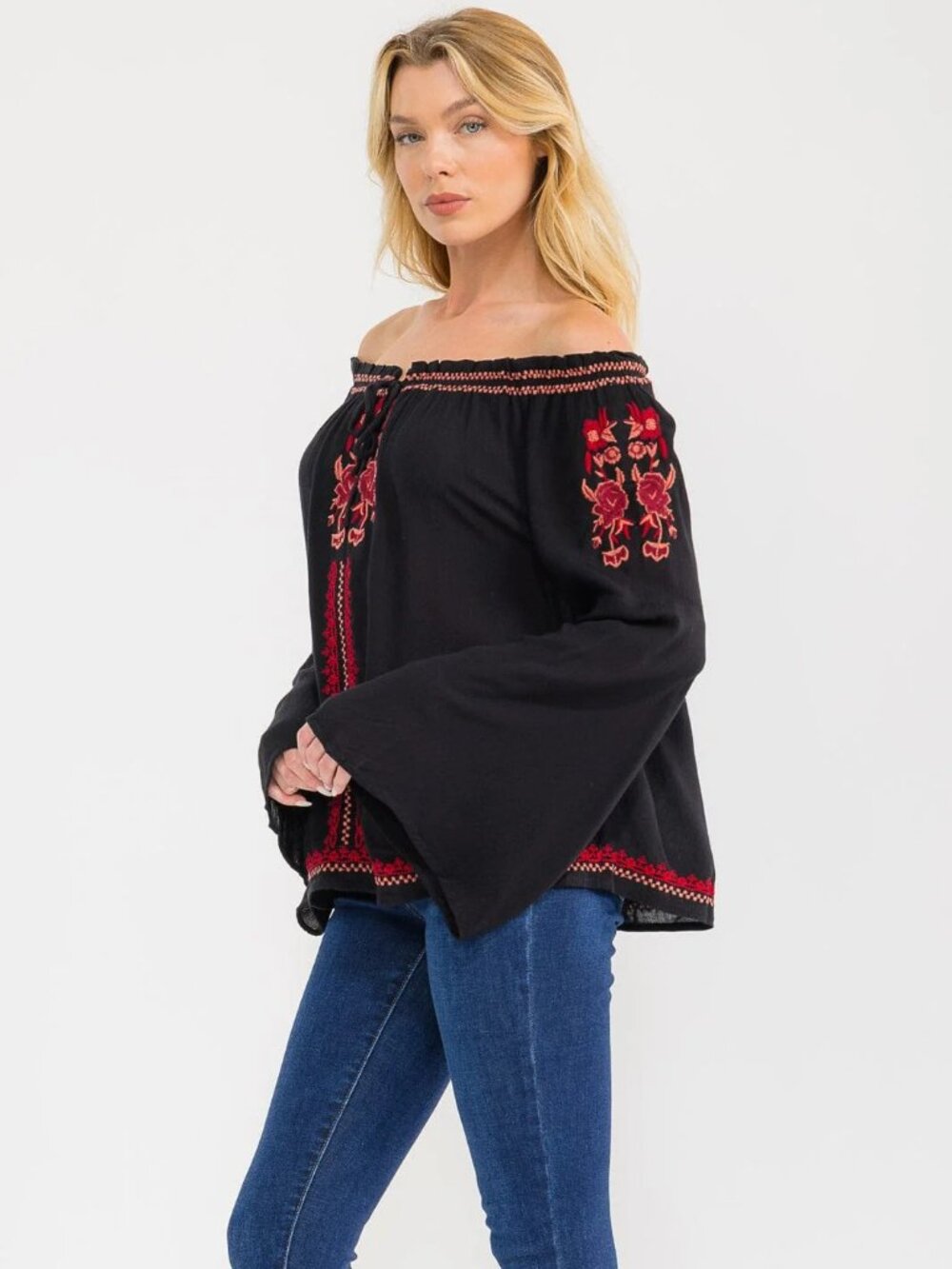 LONG BELL SLEEVE EMBROIDERY DETAILED TUNIC BLOUSE Black NEW